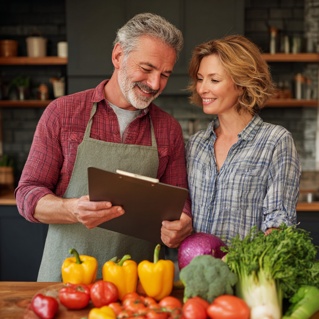 Middle-aged couple planning healthy meals together in modern kitchen