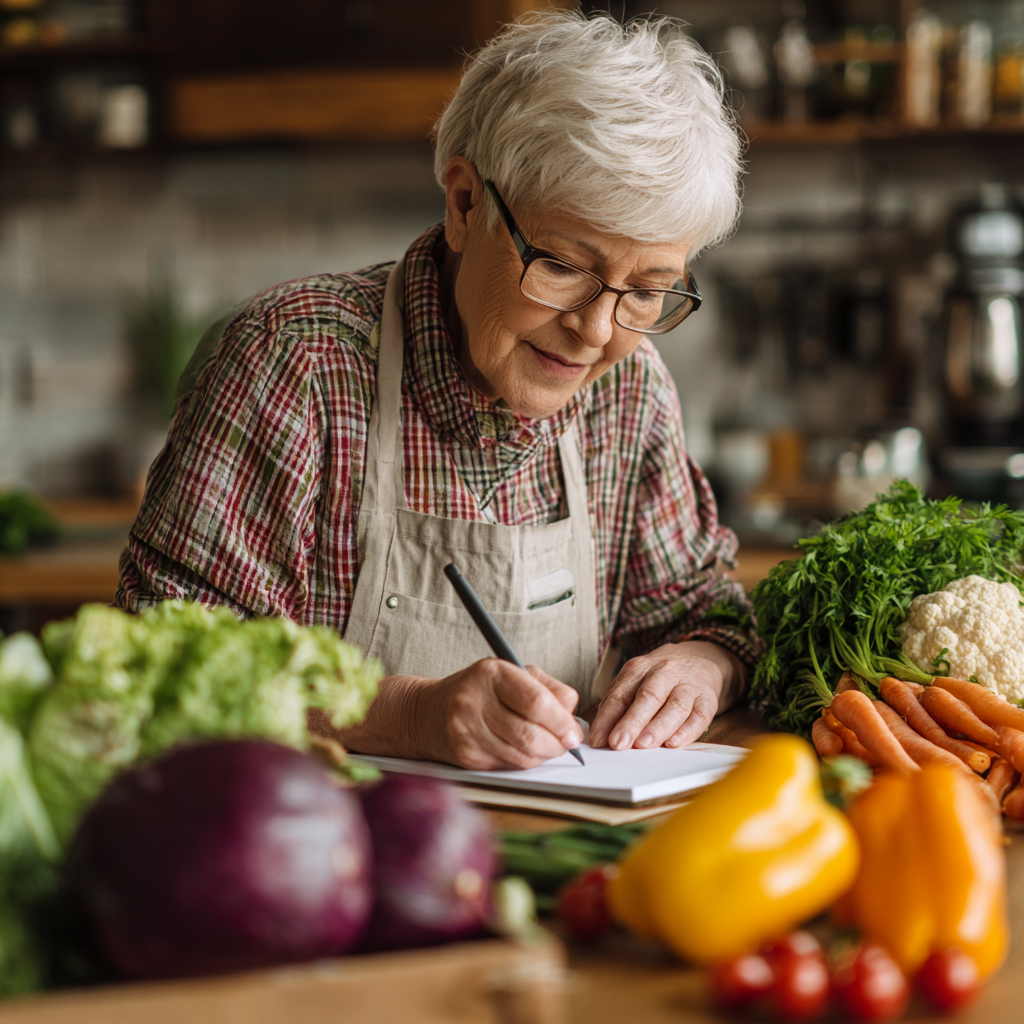Senior nutritionist analyzing healthy meal plans with fresh vegetables